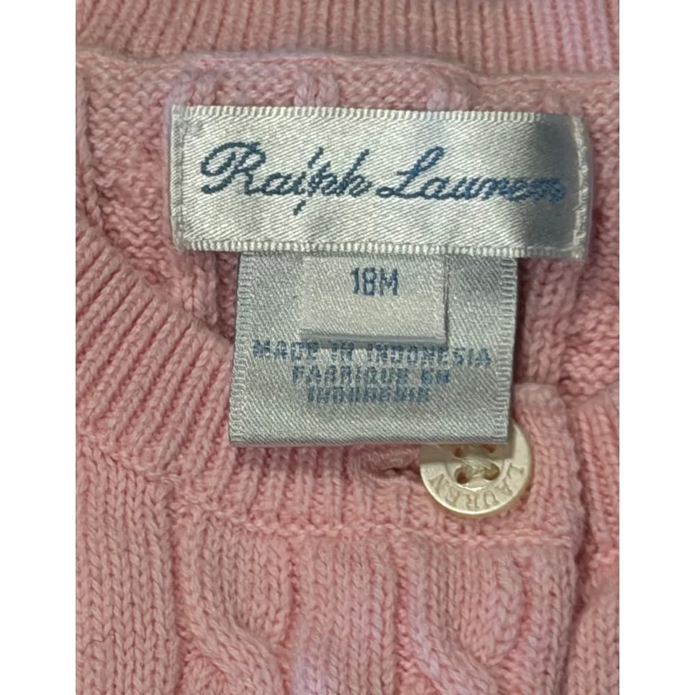 Ralph Lauren Kids Pink Cable Knit Cotton Cardigan Sweater 18M Navy Pony Logo